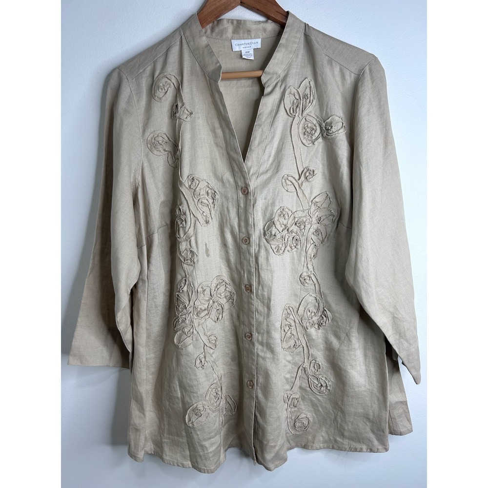 Charter Club Woman Beige 100% Linen Floral Applique Button Front Blouse 16W